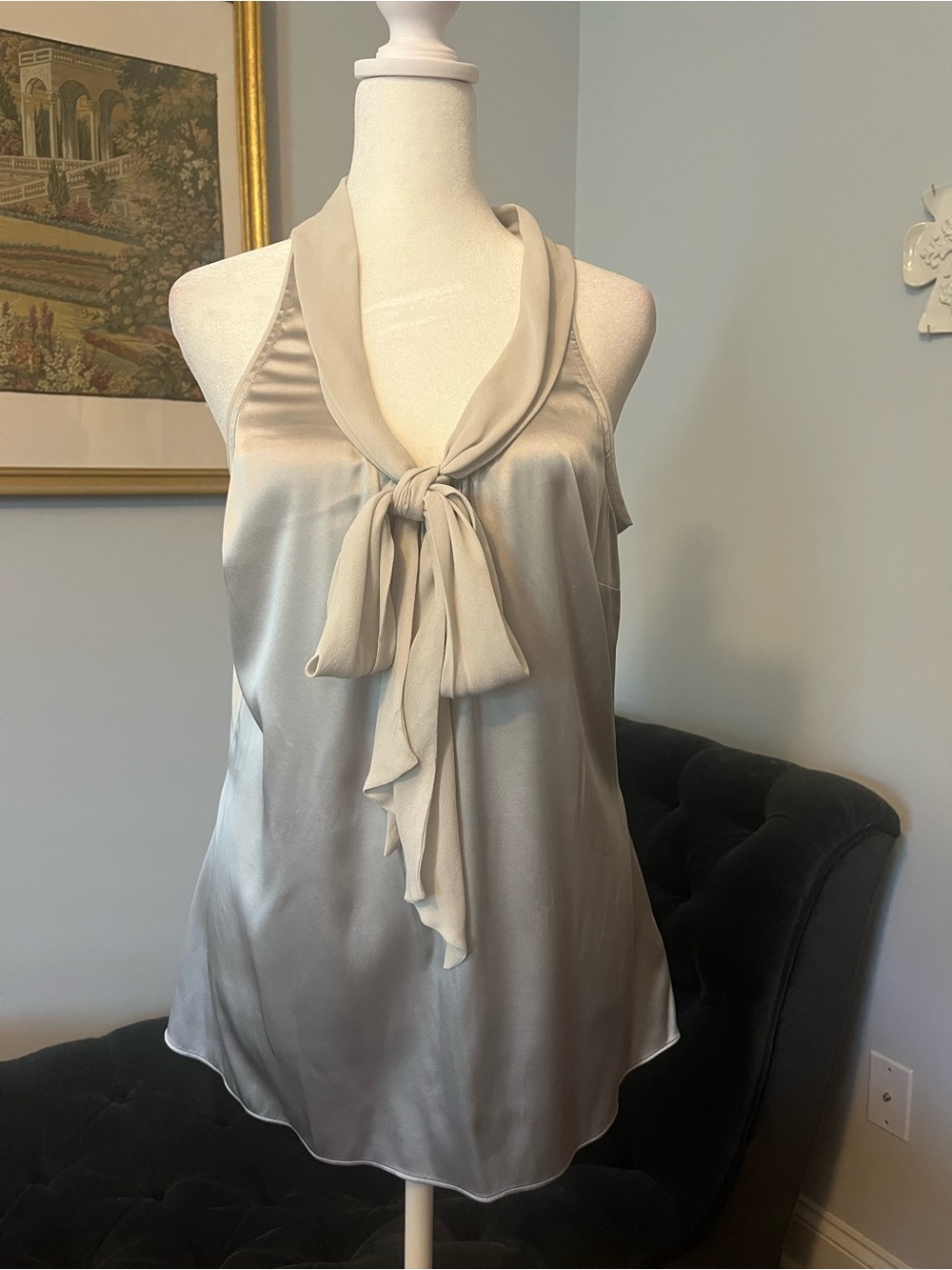 White House Black Market Taupe Satin Sleeveless Tie-Neck Blouse